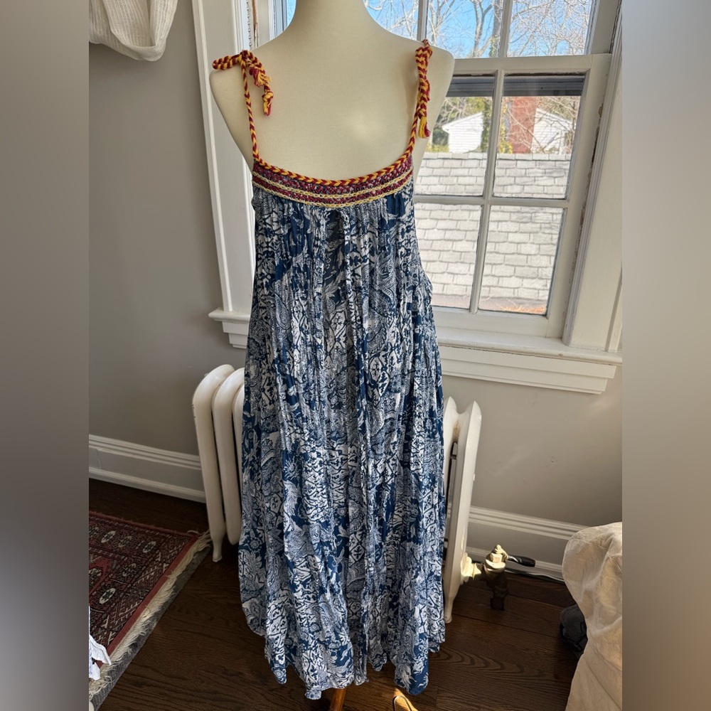 Free People Bohemian Blue Block Print Floral Tie-Shoulder Maxi Sun Dress S